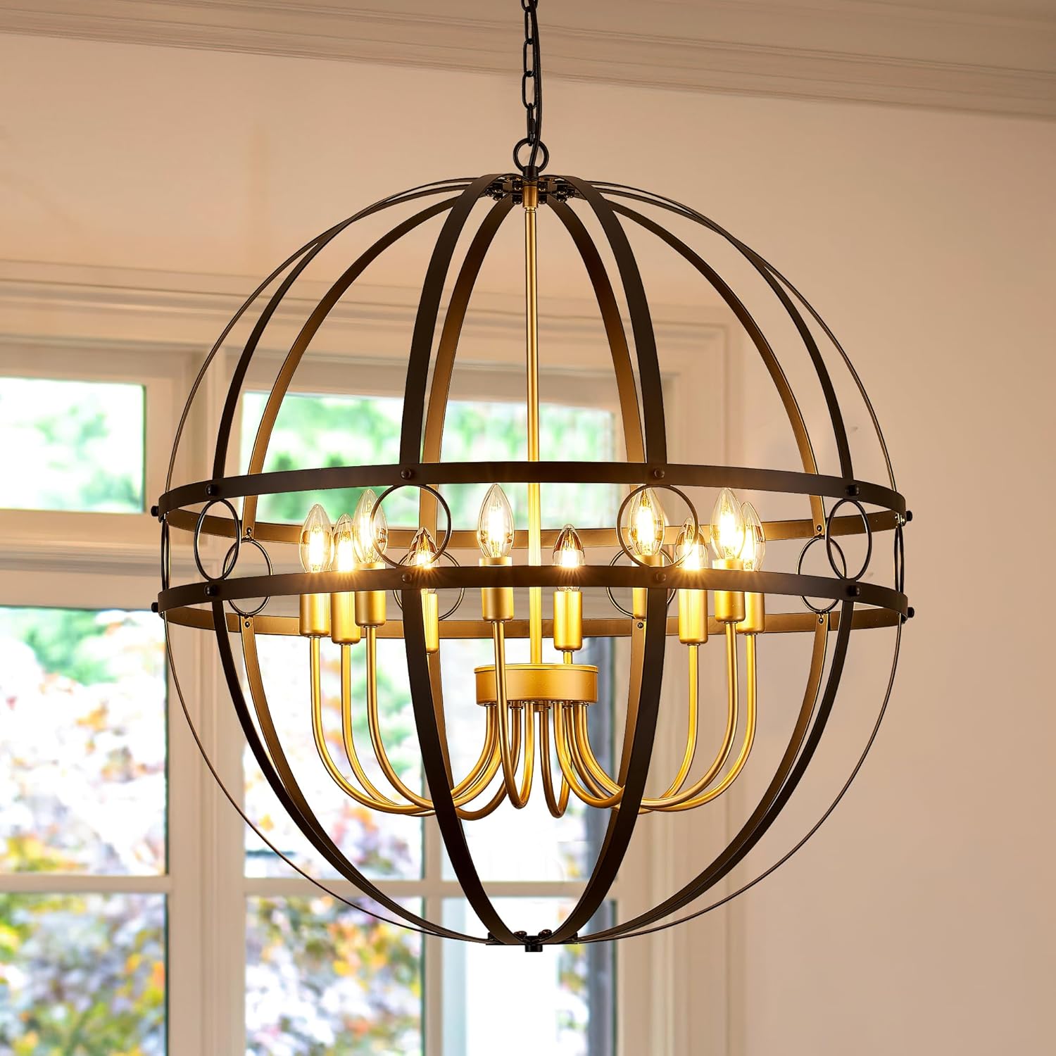 Modern Black and Gold Chandelier for Dining Room 22.8“ Industrial Vintage Globe Chandelier 8-Light for Foyer Farmhouse Rustic Pendant Ceiling Light Fixtures for Living Room Kitchen Bedroom