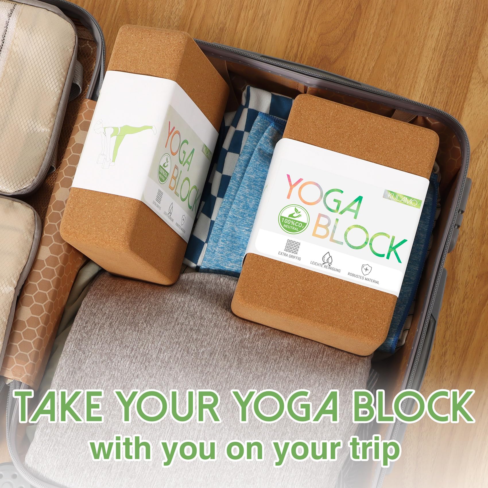 Juego de 2 bloques de yoga de corcho natural, bloque de yoga para fitness, pilates, estiramiento y meditación, ayuda para regeneración, espalda, estiramientos, bloqueos — view 7