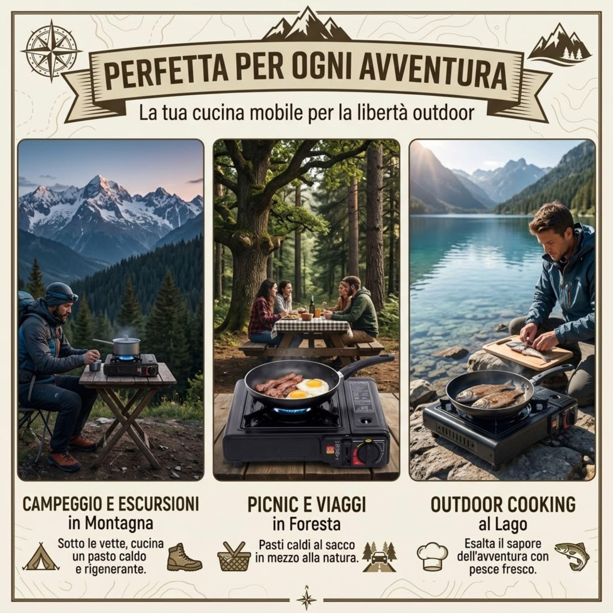 Fornello a Gas da Campeggio Portatile, Compatibile con Cartuccia Butano e Bombola GPL, Accensione Piezoelettrica, 2200W, Valigetta Inclusa, per Camper, Trekking, Picnic e Pesca