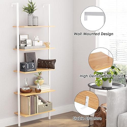 Miniatura 7 de SogesHome Estantería industrial de escalera para montar en la pared, estantería moderna de 5 niveles con marco de metal industrial, estantería para