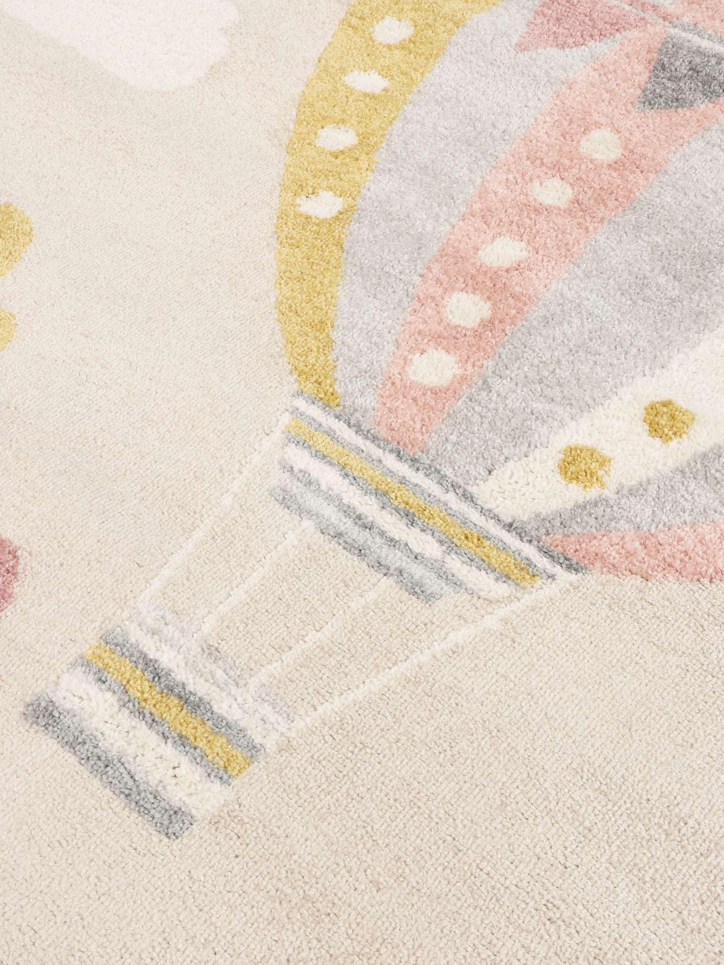 RugVista Balloon Ride, Alfombra Infantil, Modernas Niños, Ø 150 cm, Redondo, Pelo Medio, Cuarto del bebé, Limpieza en seco, Sin Productos químicos peligrosos, Beige/Rosa