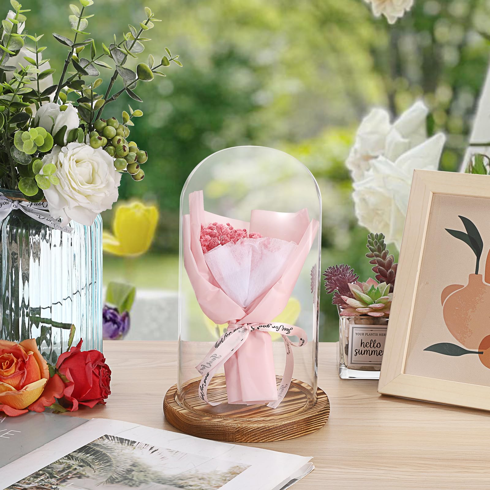 Lot de 2 dômes en verre socle bois naturel - Cloche décorative robuste - Pour lampes, bougies, roses, décorations Noël, anniversaires, Saint-Valentin