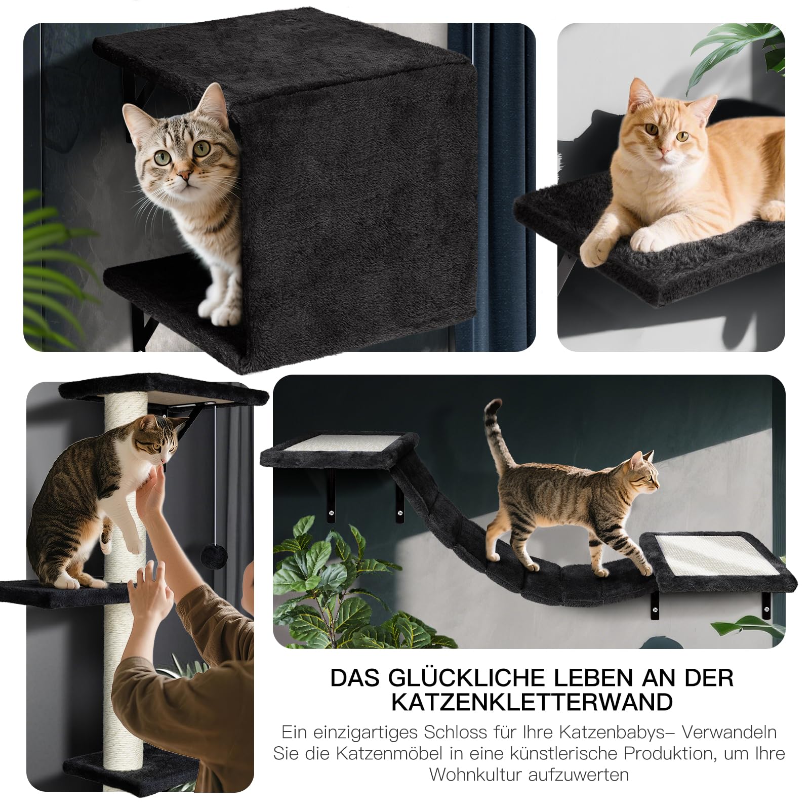 Zvonema Kletterwand Katzen, Katzen Wandelemente 10-teilig, Stabiler Holz Katzenwand, Bequem Plüsch Katzenmöbel, Kratzbaum Wand mit Katzenhaus, Brücke, Treppe, Kratzbrett, Katzenliege & Hängeball