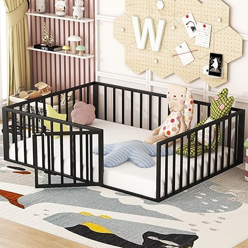 Miniatura 6 de Montessori - Cama de suelo de tamaño matrimonial, base de cama de suelo con valla de metal para niños con puerta, listones completos, plataforma con