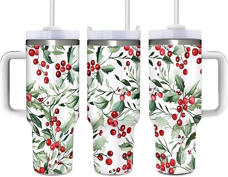 Christmas Holly 40 Oz 1200 ml Insulated Coffee Tumbler with Handle and Straw Lid, Reusable Stainless Steel Travel Mug Cup for Women Men Party Birthday Gifts