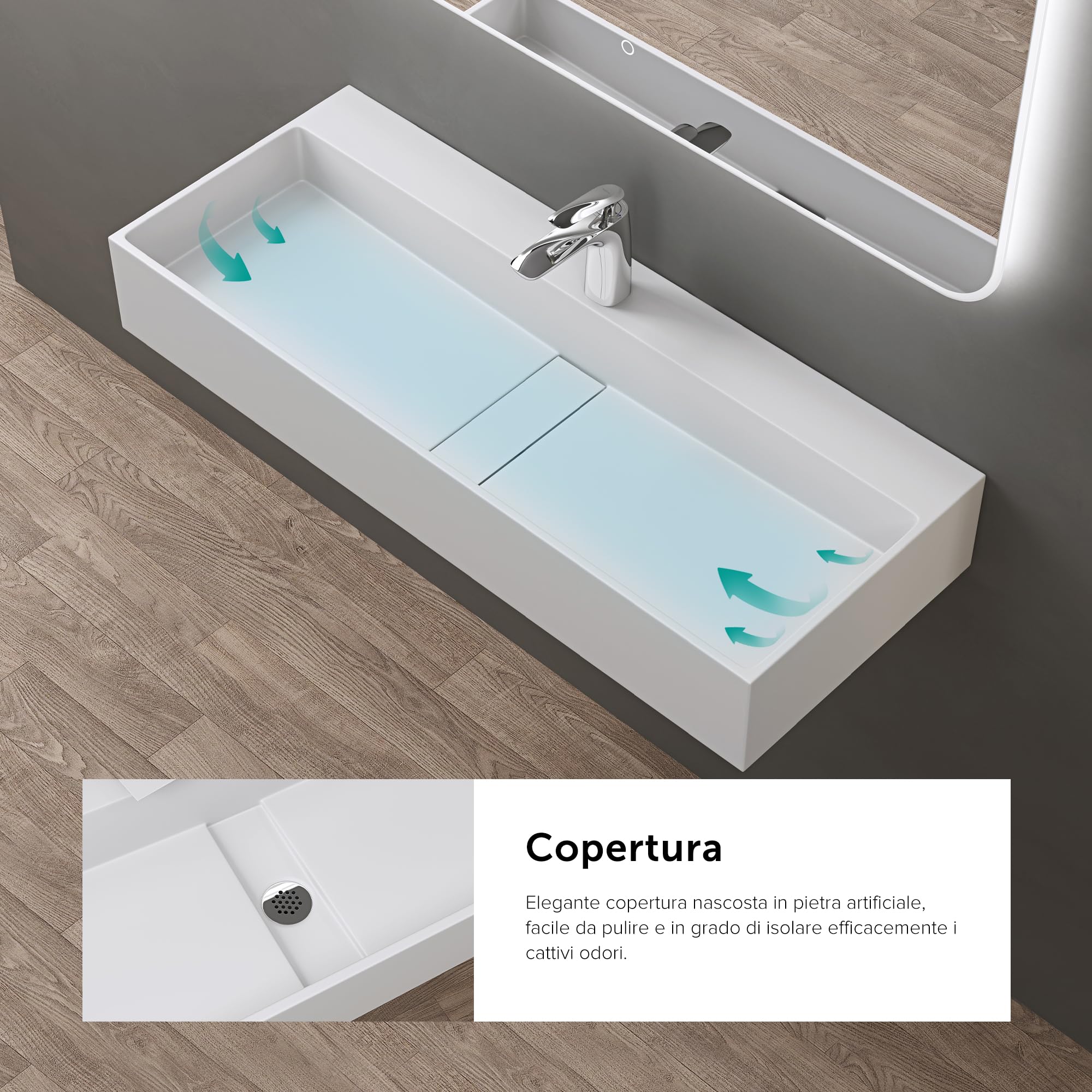 doporro Lavabo Bagno Sospeso Rettangolare Lavabo da Appoggio con Foro Rubinetto 80 x 40 x 14 cm Bianco Opaco Lavandino in Resina Minerale Ideale per Casa Ristorante e Hotel Design Colossum6028
