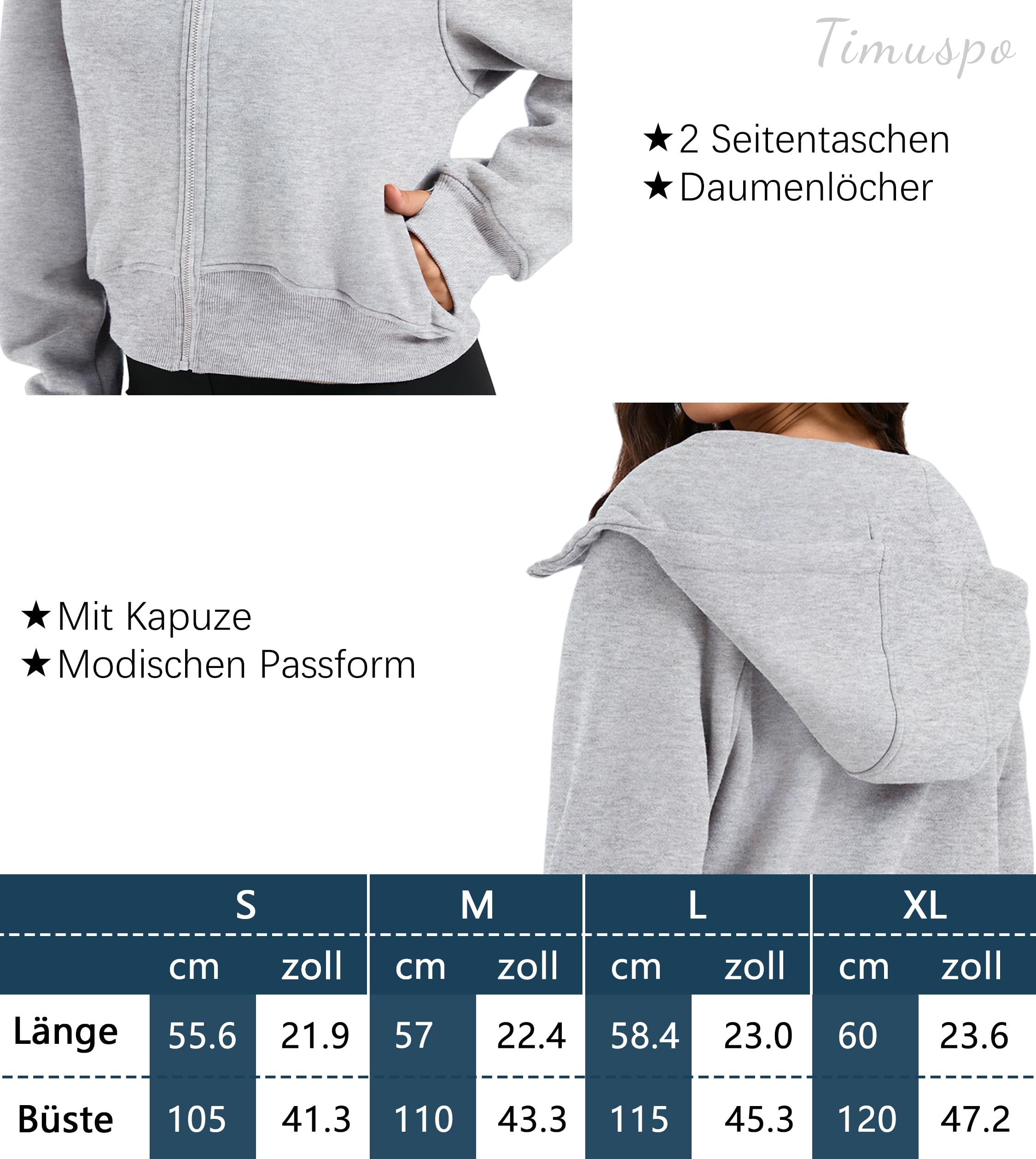 Timuspo Damen Cropped Hoodie Kurz Sweatjacke mit Kapuze Zip Up Kapuzenjacke Fleece-Innenfutter Kapuzenpullover Reißverschluss Herbst Winter Sweatshirt Jacke