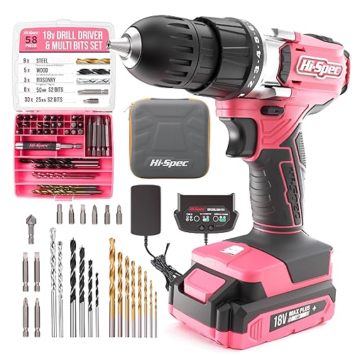 Hi-Spec 58pc 18V Pink Womens Electric Cordless Power Ladies Drill Driver Set with Rechargeable Battery, Power Screwdriver Bits, Wood and Metal Drill Bits. All in a Compact Case - Pink