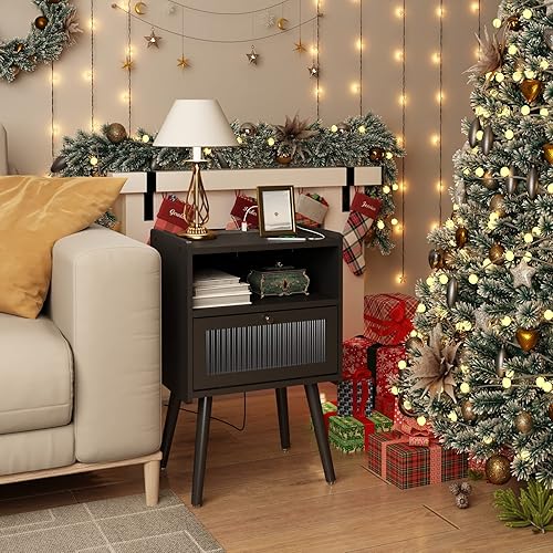 Miniatura 12 de Mesita de noche moderna de mediados de siglo con estación de carga, mesitas de noche con puerta de cristal, mesa auxiliar con espacio de Gris