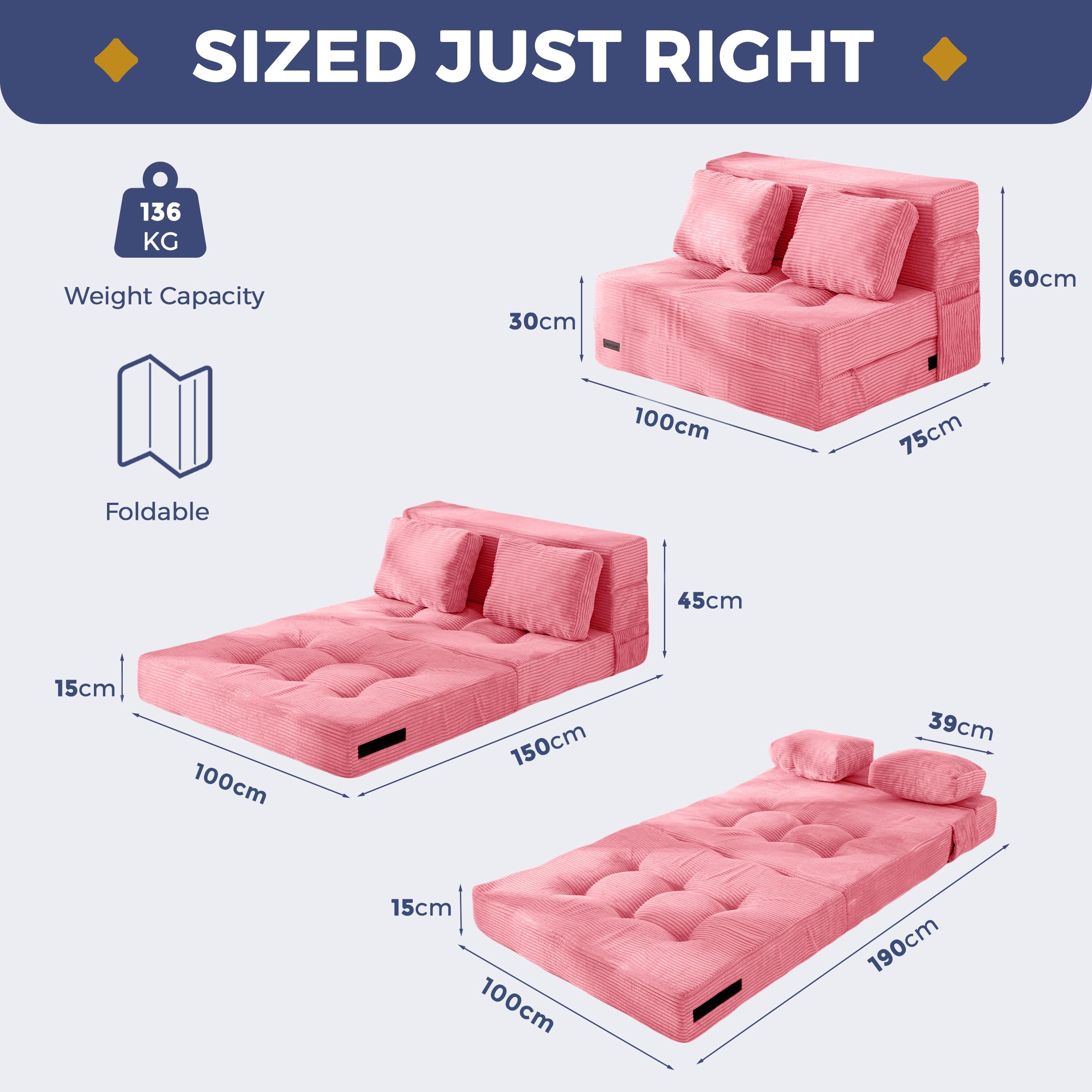 MAXYOYO Folding Foam Sofa Bed, Tri-Fold Mattress with 2 Pillows, Convertible Sofa Chair Futon Z Bed with 15cm Thincken Foam - Image 2