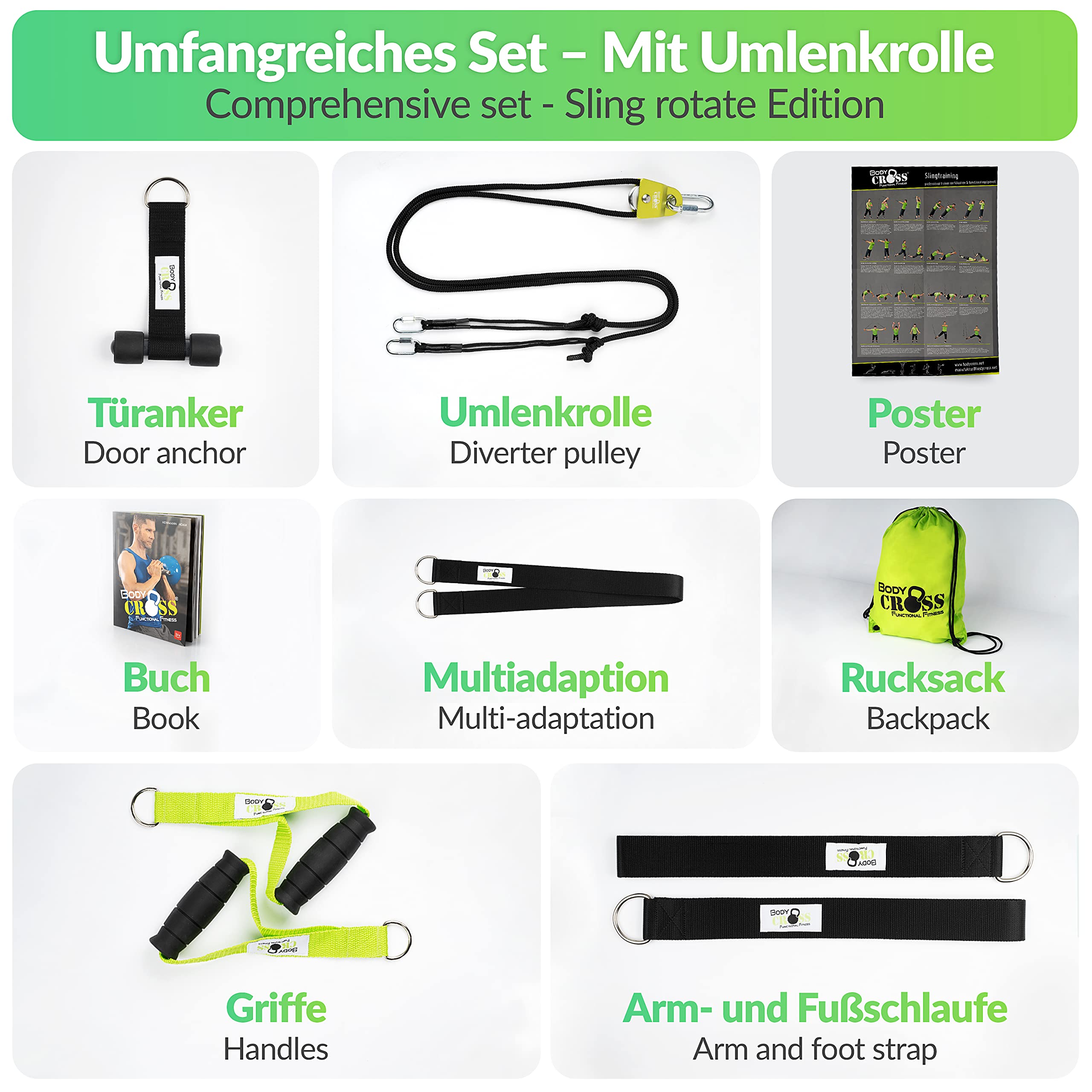 BodyCROSS Premium Schlingentrainer mit Umlenkrolle für zuhause| Sling Trainer Set mit Befestigung und Türanker | Krafttraining Made in Germany | geprüft und Zertifiziert | 10 Jahre Garantie