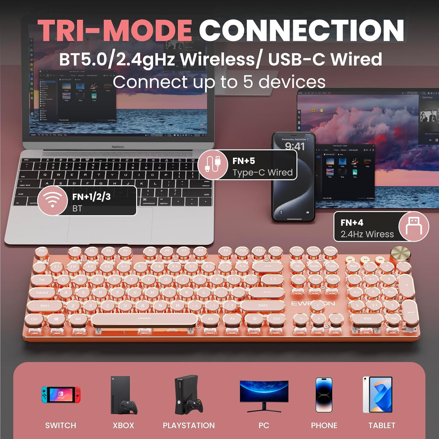 V20 Typewriter Keyboard Wireless, 104 Keys Typewriter Style Mechanical with White Backlit, Media Knob, Pink Switch 2.4G/Bluetooth/USB-C Wired Retro Full Size Keyboard for Windows/Mac/PC-Pink
