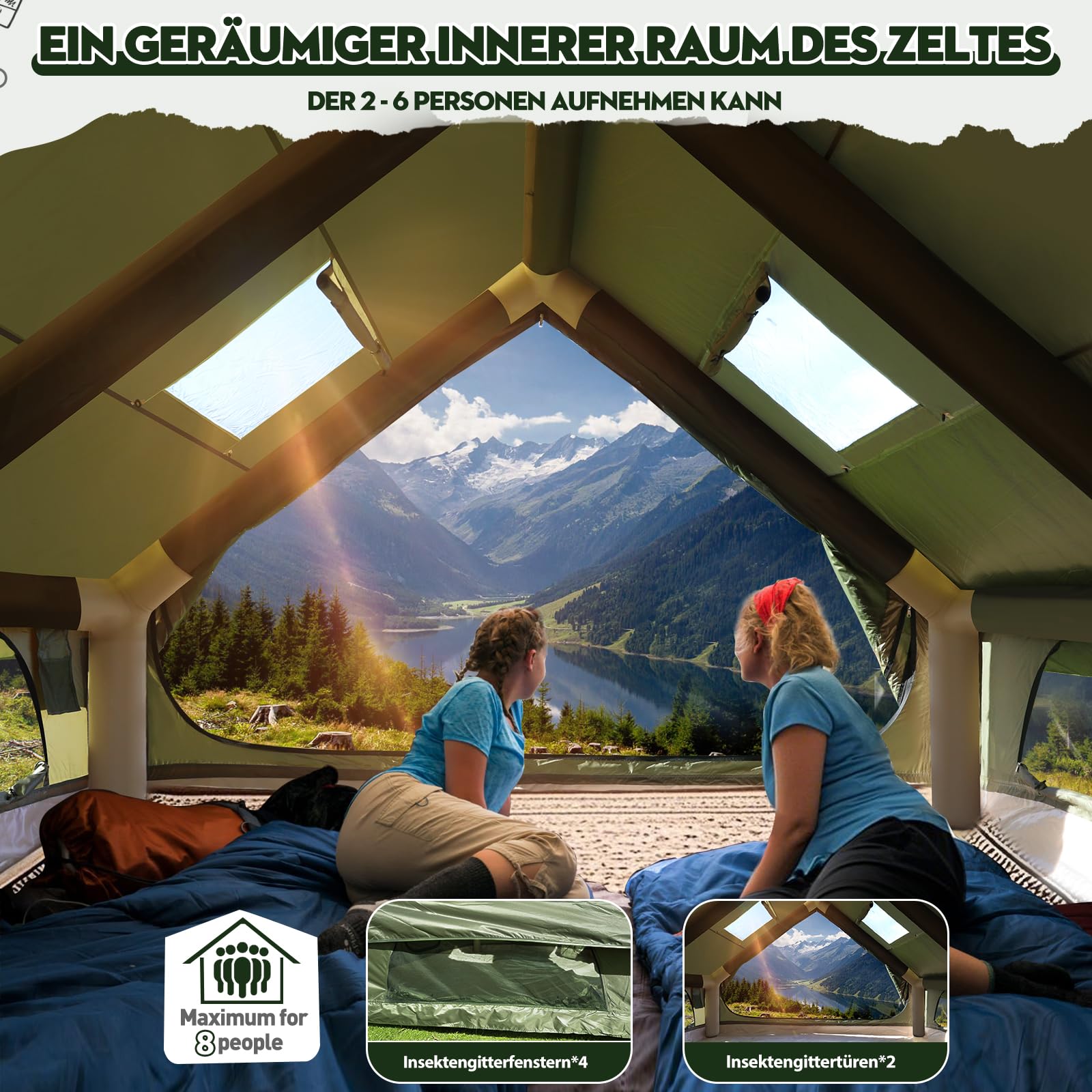 Tenda gonfiabile da campeggio con pompa, 420D Oxford Glamping, tenda gonfiabile per campeggio, impermeabile fino a 3000 mm, 4 stagioni, antivento, con finestra in rete e porte per 2-10 persone