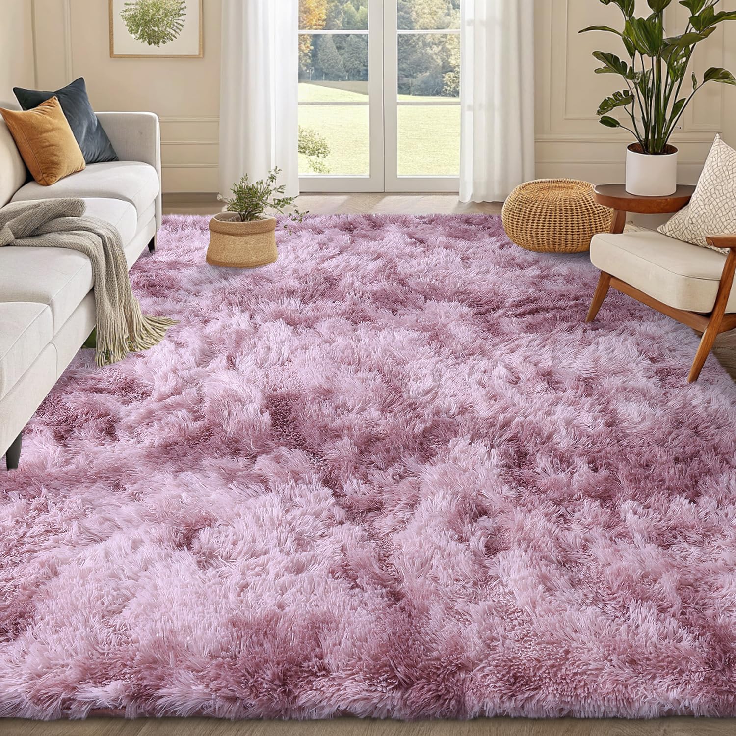 smiry Rugs Living Room 80x150cm, Area Rugs for Bedroom, Machine Washable Anti Slip Soft Fluffy Shaggy Tie-dye Floor Carpet for Kids Girls and Boys, Nursery Room, Dark Pink