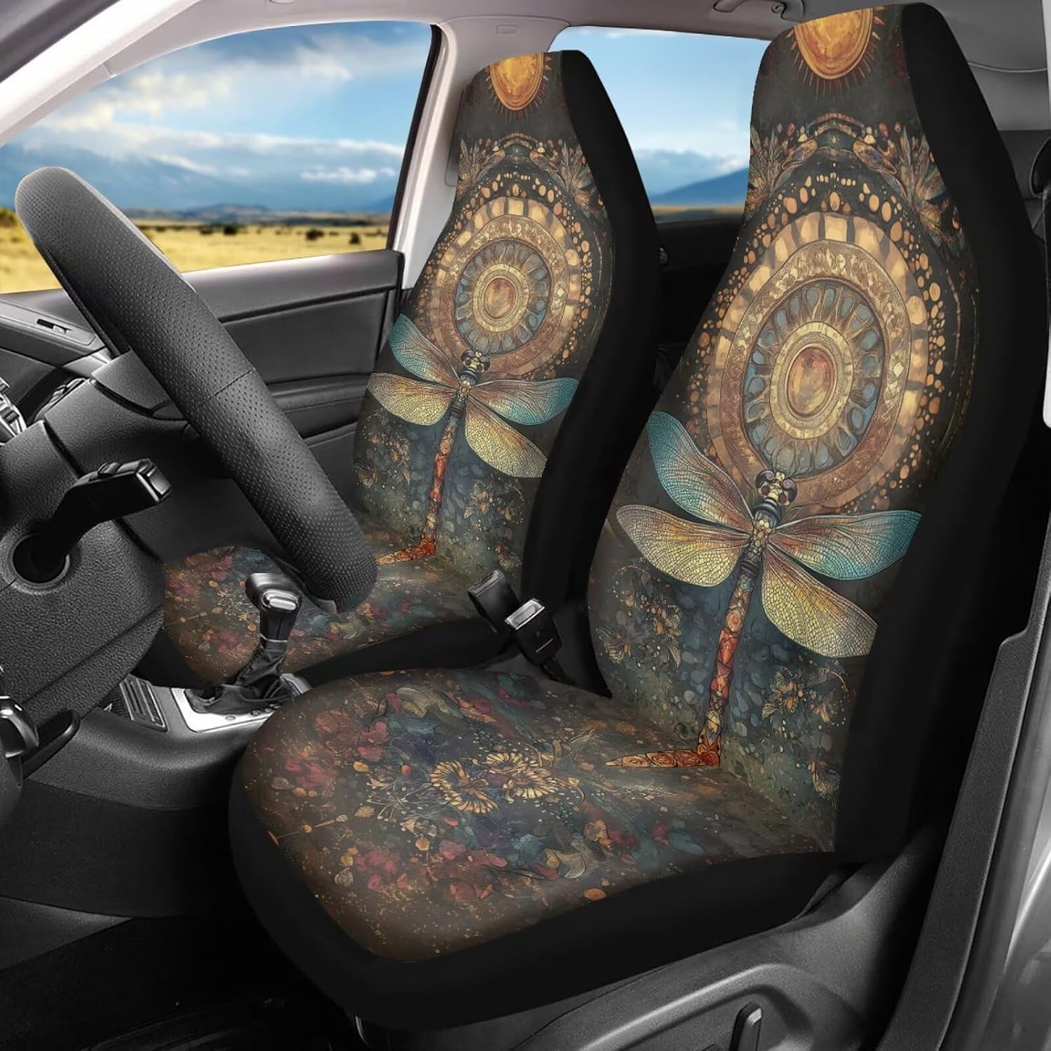 Boho Mandala Dragonfly Print Car Seat Cover,Vehicle Accessories Interior for Women Men,Non-Slip Car Seat Cover Protector Front Seat,Universal Fit,2pc
