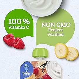 Gerber Toddler Food, Organic Banana Raspberry Yogurt with Vanilla Puree Pouch, Toddler Pouches, No Added Sweetener, No Artificial Colors or Flavors, 12-Pack