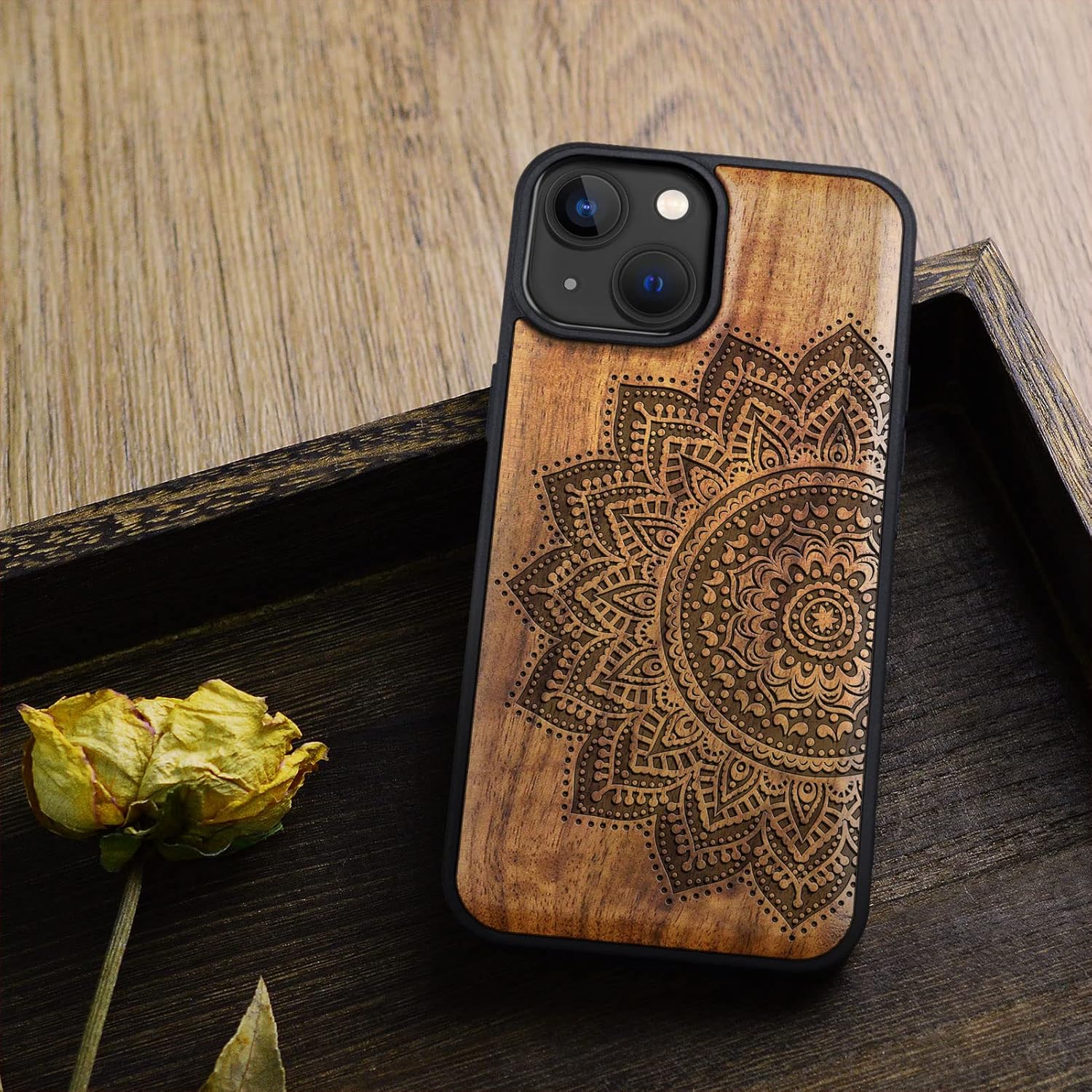 Carveit Magnetic Wood Case for iPhone 14 Case [Natural Wood & Black Soft TPU] Unique & Classy Wooden Shockproof Protective Cover Compatible with magsafe (Mandala Art -Walnut)