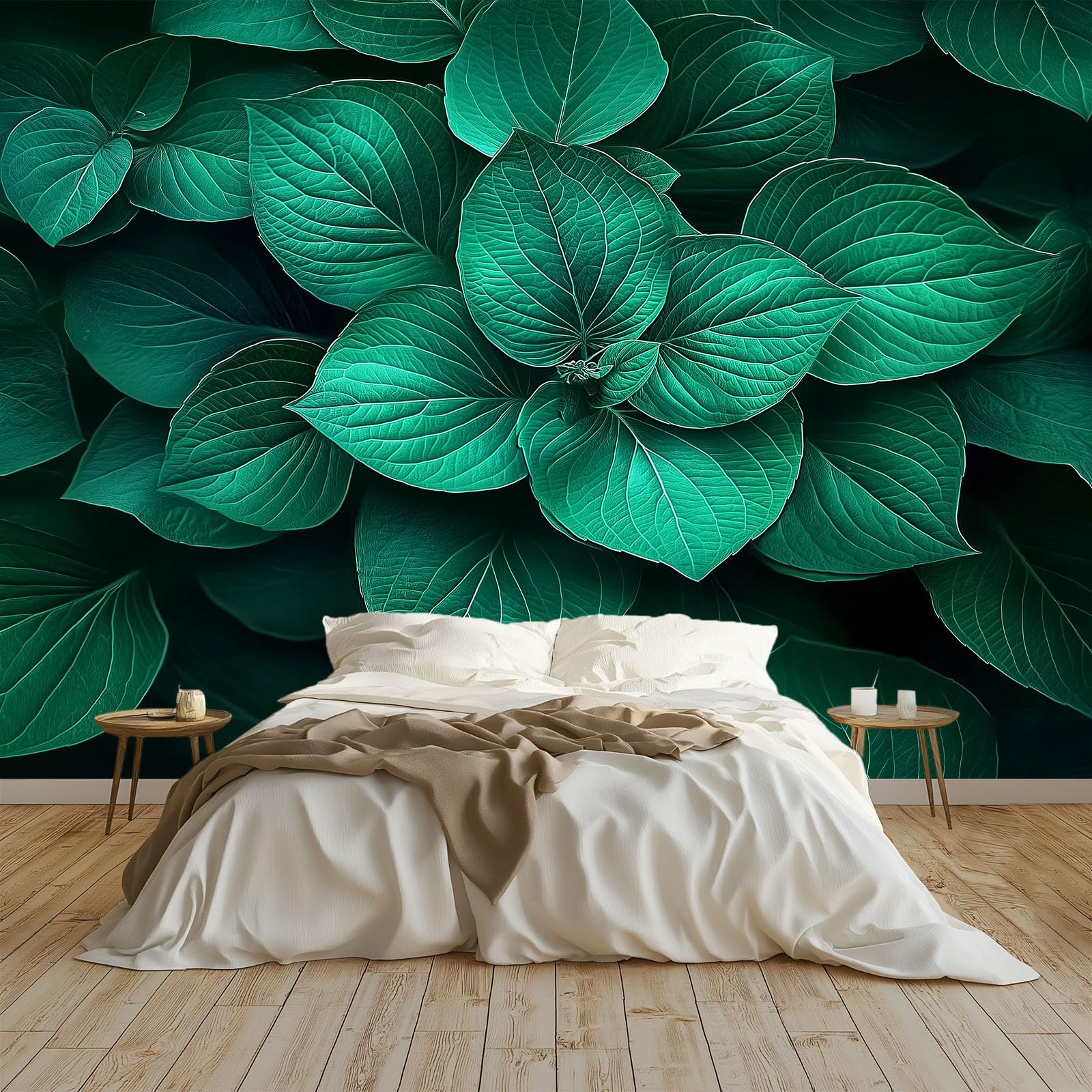 Papier peint plante d'hortensia vert émeraude pour créer un salon nature et relaxant