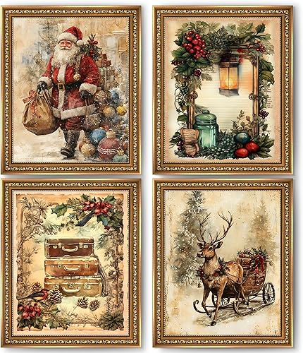 XUNLURY Juego de 4 impresiones artísticas vintage de Navidad sin marco, decoración de pared rústica de Navidad, diseño retro de Papá Noel, reno,