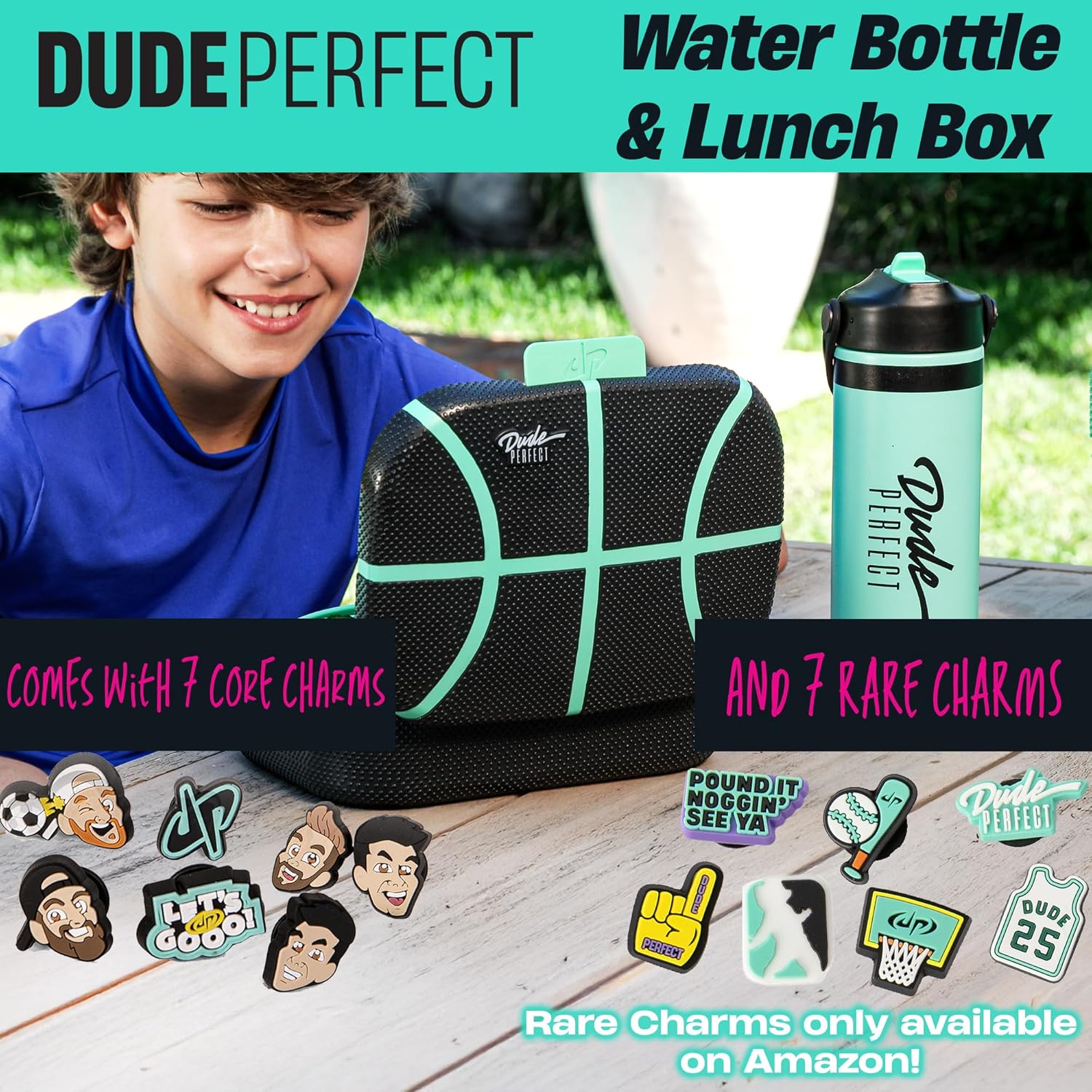 Dude Perfect Water Bottle and Lunch Box Combo with Rare Charms | Leak Proof Bento Box Removable Inner Tray | 24 Oz Stainless Steel Vacuum Insulated | NOGGZ for Custom Carry-Straps | Sports Grip Kids