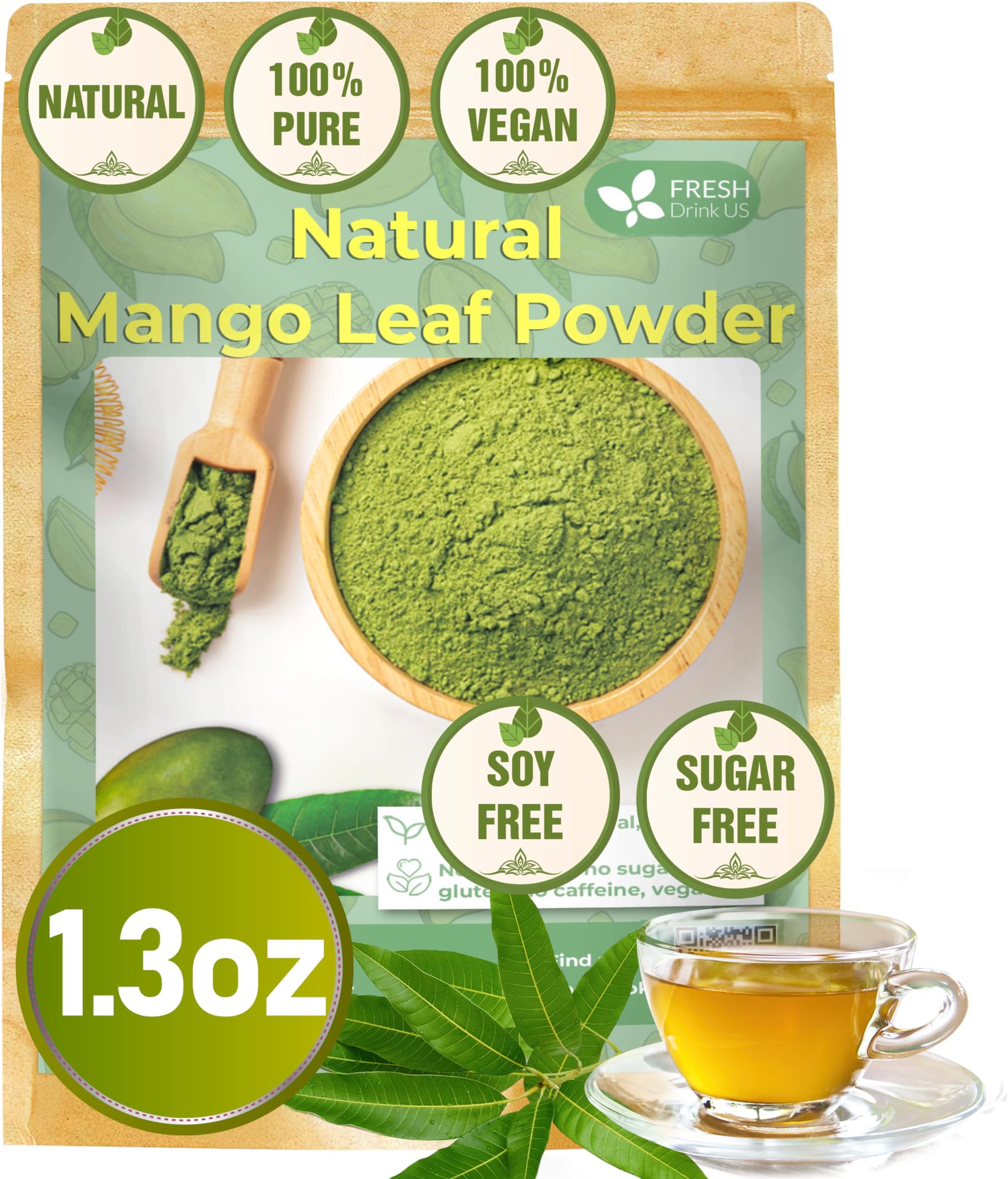 FreshDrinkUS, Premium 1.3oz Mango Leaf Powder, 100% Natural and Pure Mango Leaves. Loose Leaf Mango Herbal Tea. Mango Leaf Tea. No Sugar, No Caffeine, No Gluten, Vegan.