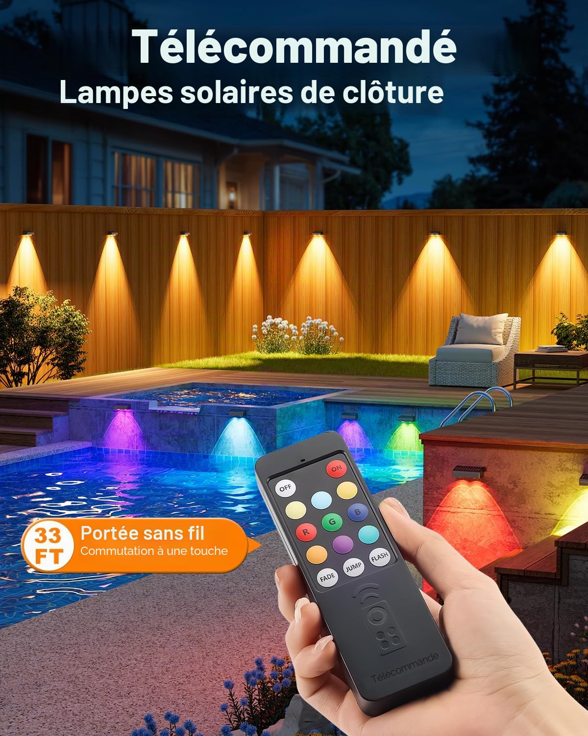 VOLISUN Lot de 8 lampes solaires de clôture avec télécommande, 50 lumens, étanches IP65, 10 couleurs RVB, éclairage décoratif durable pour jardin, cour, terrasse, balustrade