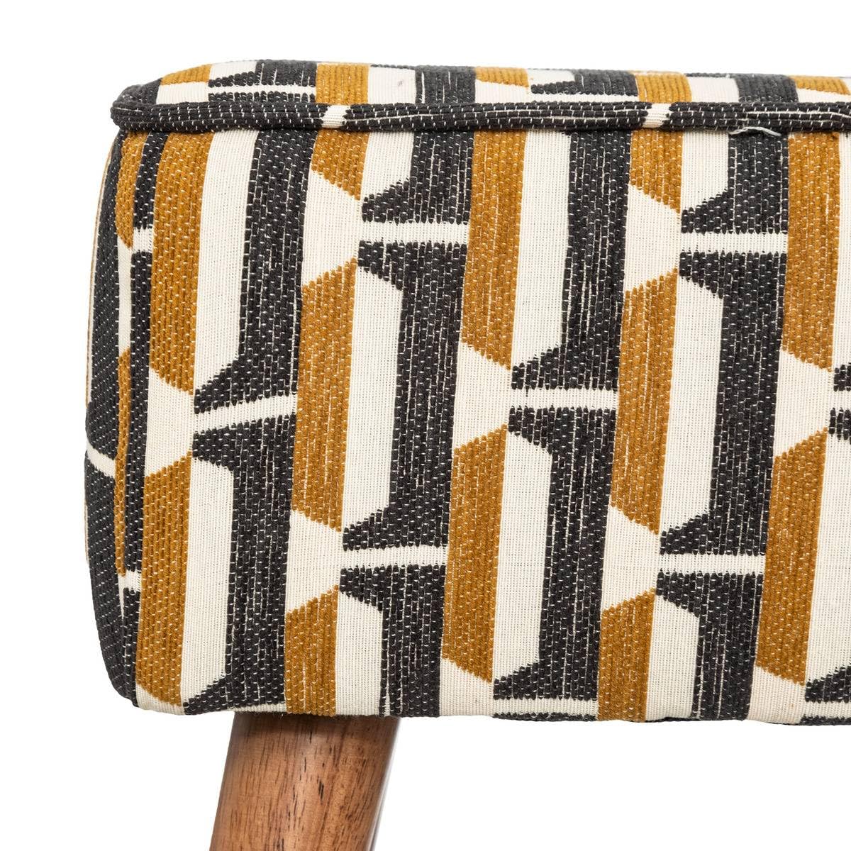 Atmosphera Créateur d'Intérieur Tabouret d'Appoint Chiara Tissu Chenille Noir Ocre Blanc Motif Jacquard Pieds Bois Hévéa
