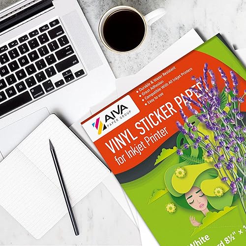 Vista 7 de Papel adhesivo de vinilo imprimible, papel de calcomanía impermeable para impresora de inyección de tinta, 30 hojas autoadhesivas, blanco mate