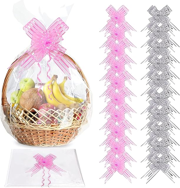 Eotvkof 20pcs Large Cellophane Basket Bags Clear Hamper Wrap Bags with 20pcs Pull Bow Set for Gift Baskets, Christmas Hampers