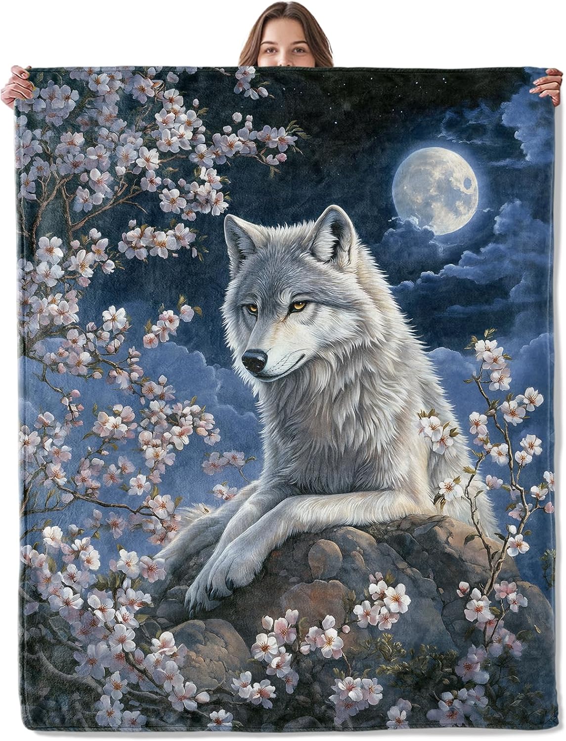 Moonlit Wolf Blanket, Lightweight Comfy Serene Wolf Among Cherry Blossoms Blankets for Couch Sofa Bedroom, Soft Plush Travel Flannel Throw Blanket Gifts for Adults Kids Women, Home Decor 60×50in