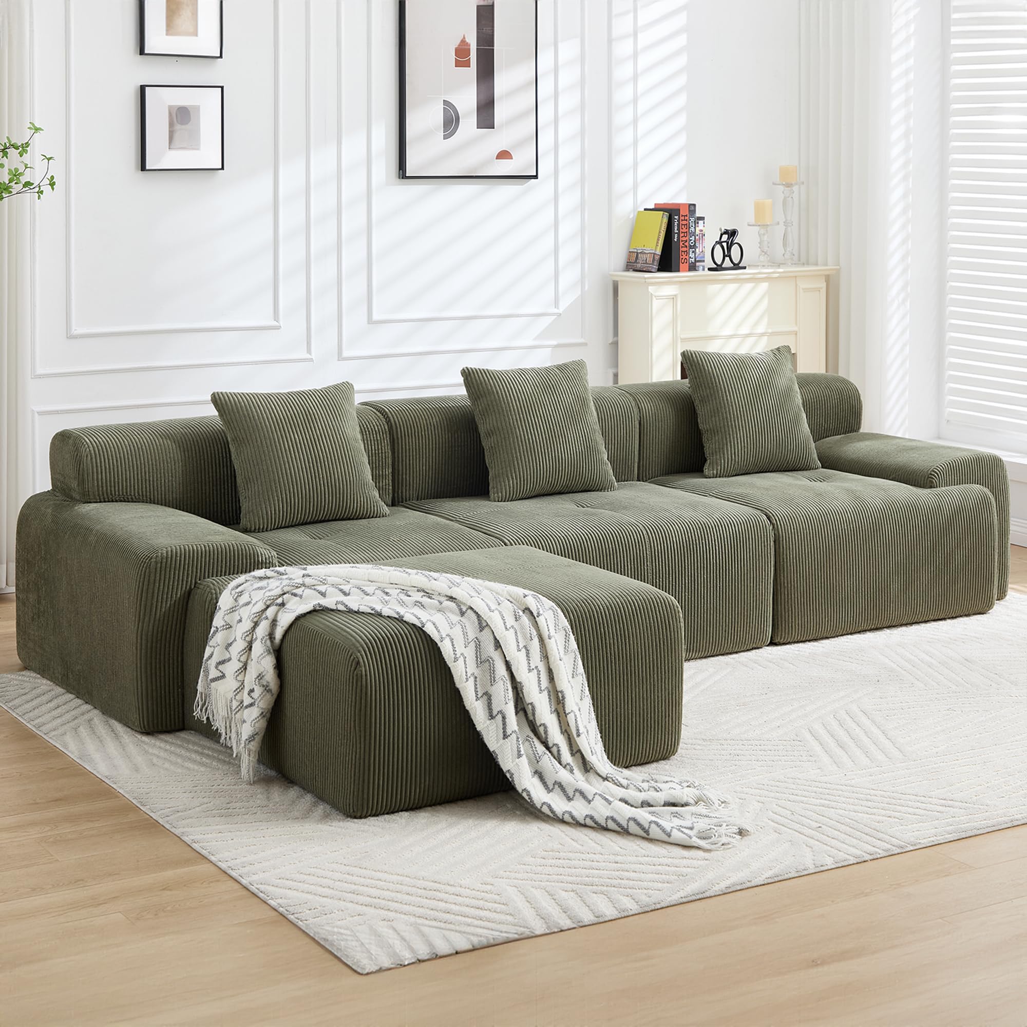 118" Modern L-Shaped Modular Sectional Sofa, Boneless Couches for Living Room, Corduroy Upholstered Sofa with Deep Seat, Oversized 3-Seater Cloud