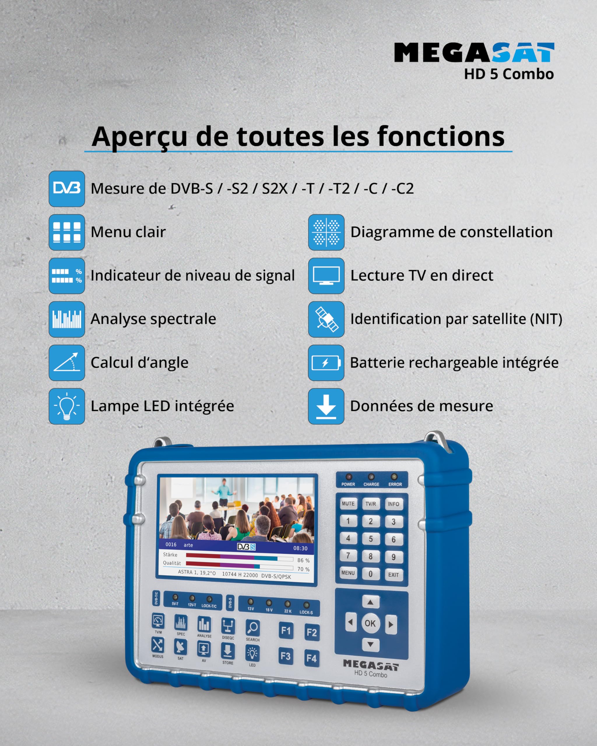 Megasat HD 5 Combo – Appareil de Mesure (pour DVB-S, DVB-S2, DVB-T, DVB-T2, DVB-C, Affichage en Direct TV, Unicable, écran Couleur 5″, Batterie, Lampe)