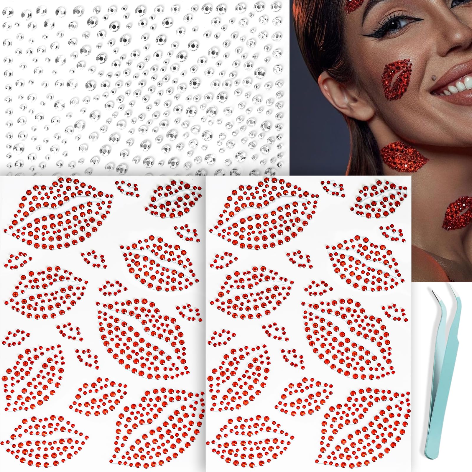 NOOEPC Red Face Gems Self-Adhesive Face Jewels, Red Face Glitter Lip Hair Gems, Festival Kiss Stickers, Face Rhinestone Stickers for Makeup, Eye, Hair, Body, Rave Accessories for Women Red-Clear
