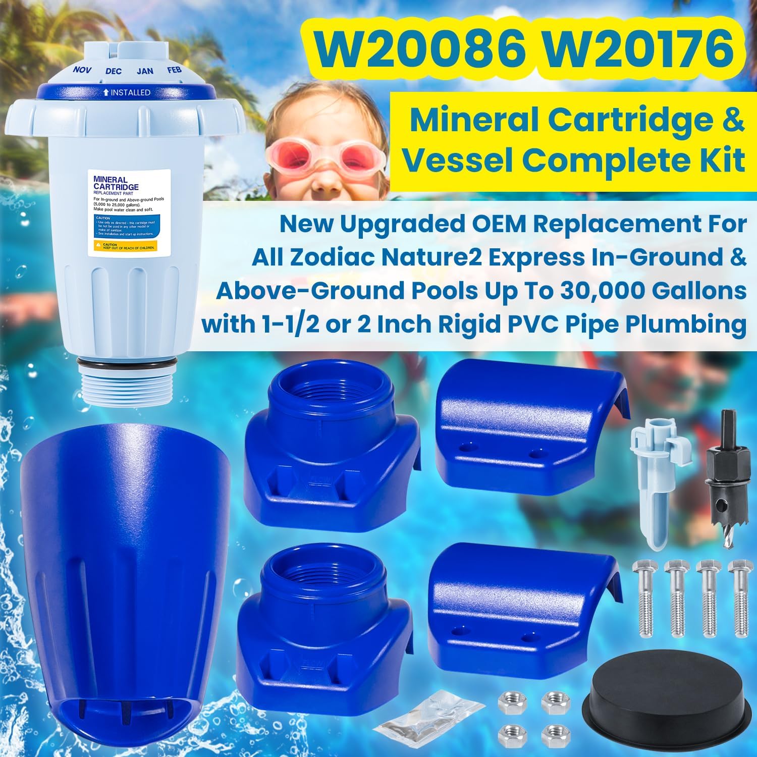W20086 W20176 Replacement for Nature2 Express Vessel & Mineral Cartridge System for In-Ground & Above-Ground Pools Up To 30,000 Gallons W20080 W20171 W28175 W26775 Complete Kit 1-1/2 or 2 Inch Pipe