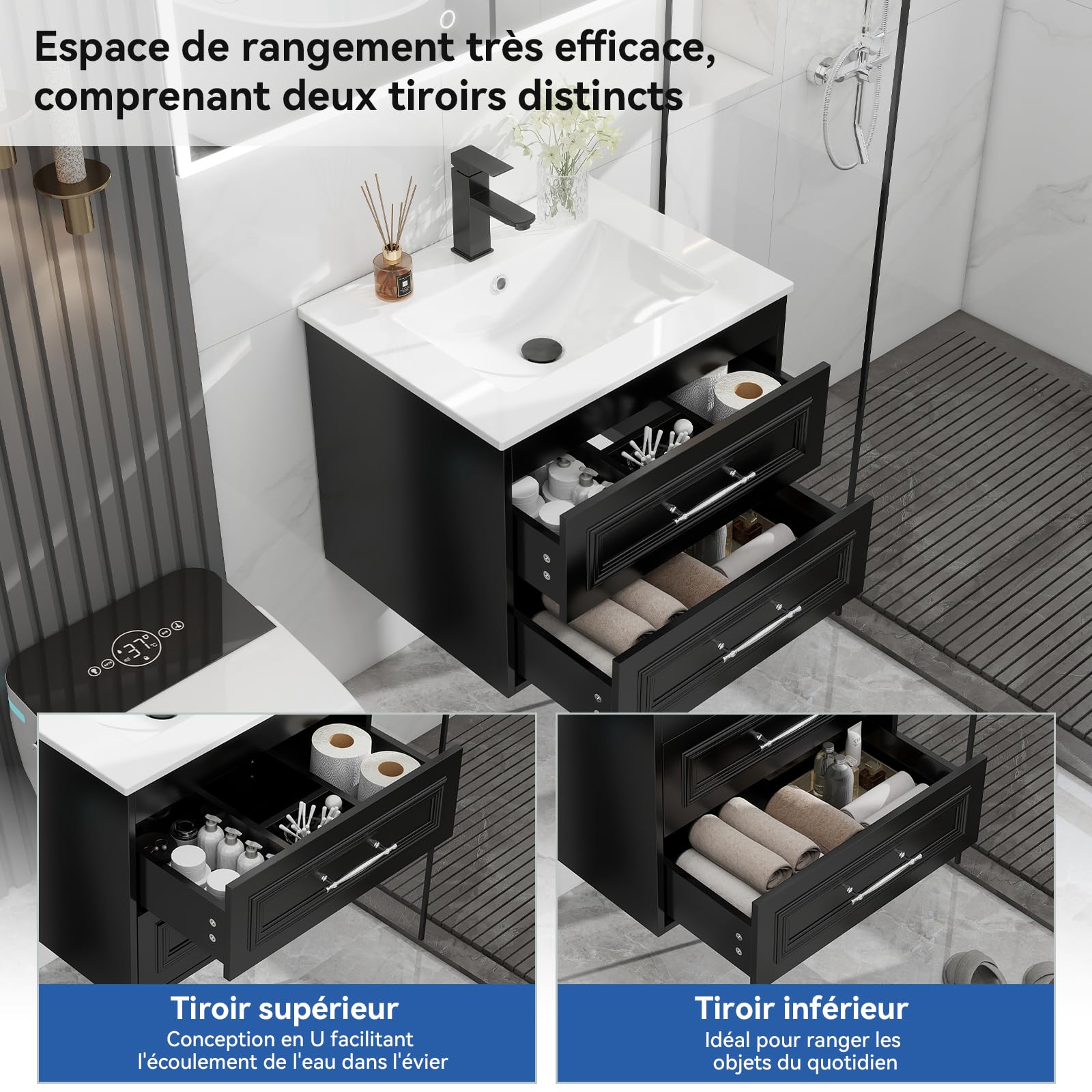 YU YUSING 60 cm Ensemble de Meuble de Salle de Bain Suspendu - Lavabo Céramique Blanc Incrusté, Robinet Noir, 2 Grands Tiroirs à Fermeture Douce, Design Moderne, Blanc et Noir, pour Espace Réduit