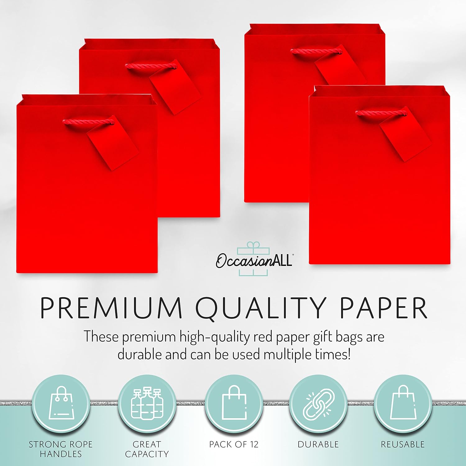 OccasionALL Red Gift Bags, Red Paper Bags with Handles for Christmas & Valentines, Holidays, Birthdays, Weddings, Party Favors, Retail Supplies, Shopping, Bulk, 7.5x3.5x9, 12 Pack - Image 5