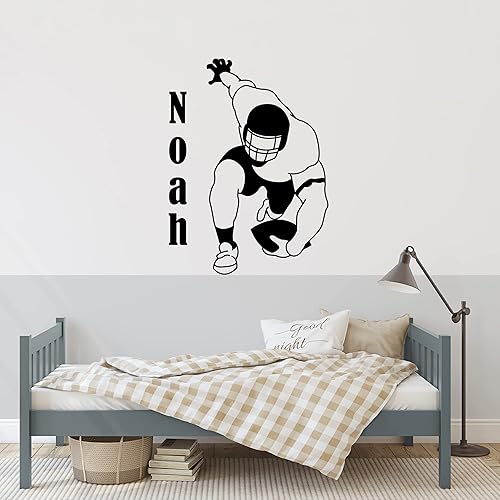 Miniatura 8 de Diseño de pared de fútbol americano, calcomanía de calidad con bola, círculo, nombre, diseño deportivo temático de moda para habitaciones de niños y