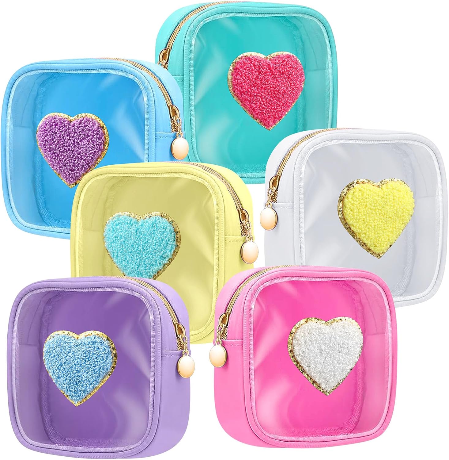 Silkfly 6 Pcs Heart Makeup Bags, Chenille Clear PVC & Nylon Small Cosmetic Pouches, Waterproof Zippered Travel Toiletry Bags for Women Graduation Wedding Gift Bridesmaid Bride