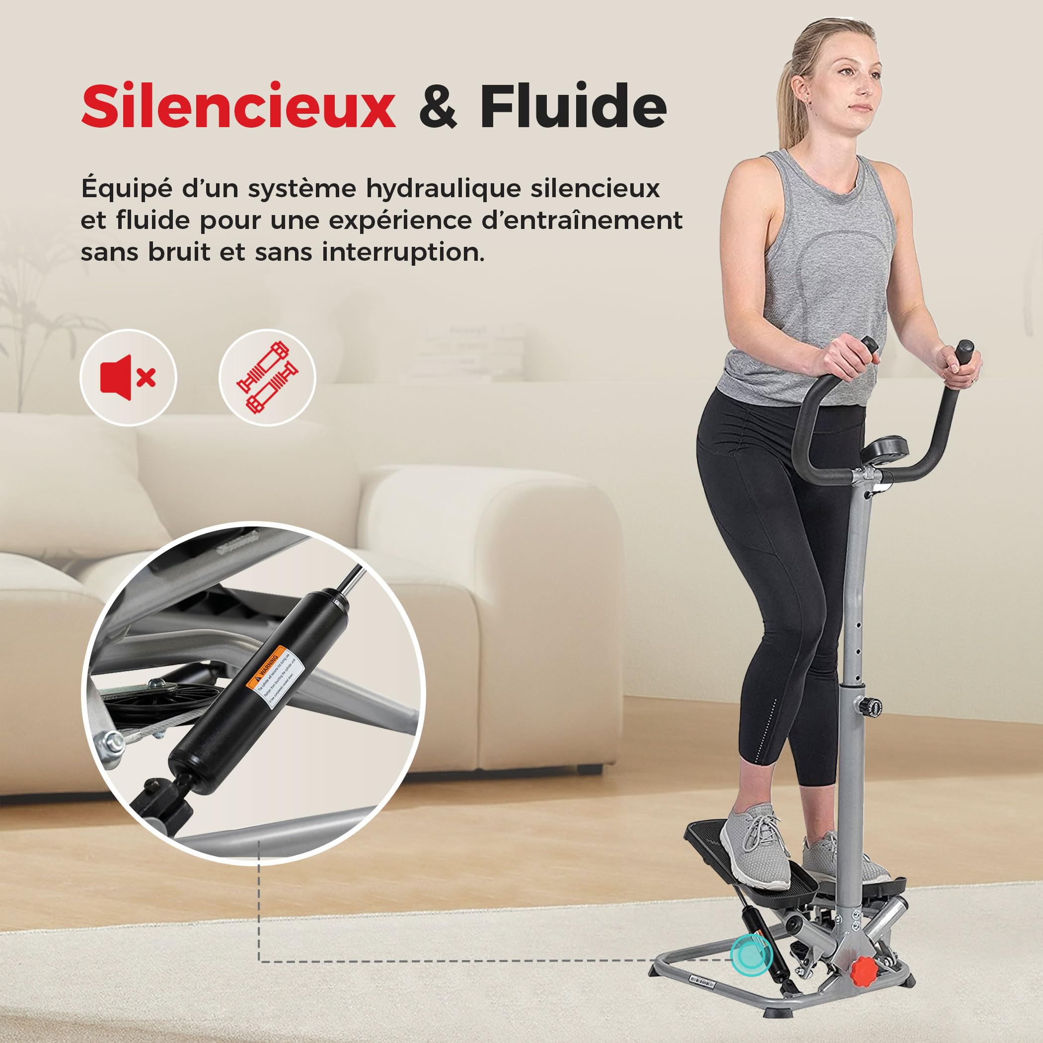 Sunny Health & Fitness Stepper de Fitness avec Guidon, Appareil Cardio pour Jambes, Abdos et Fessiers, avec Mouvement de Rotation Optionnel, Bandes de Résistance et Application SunnyFit Gratuite