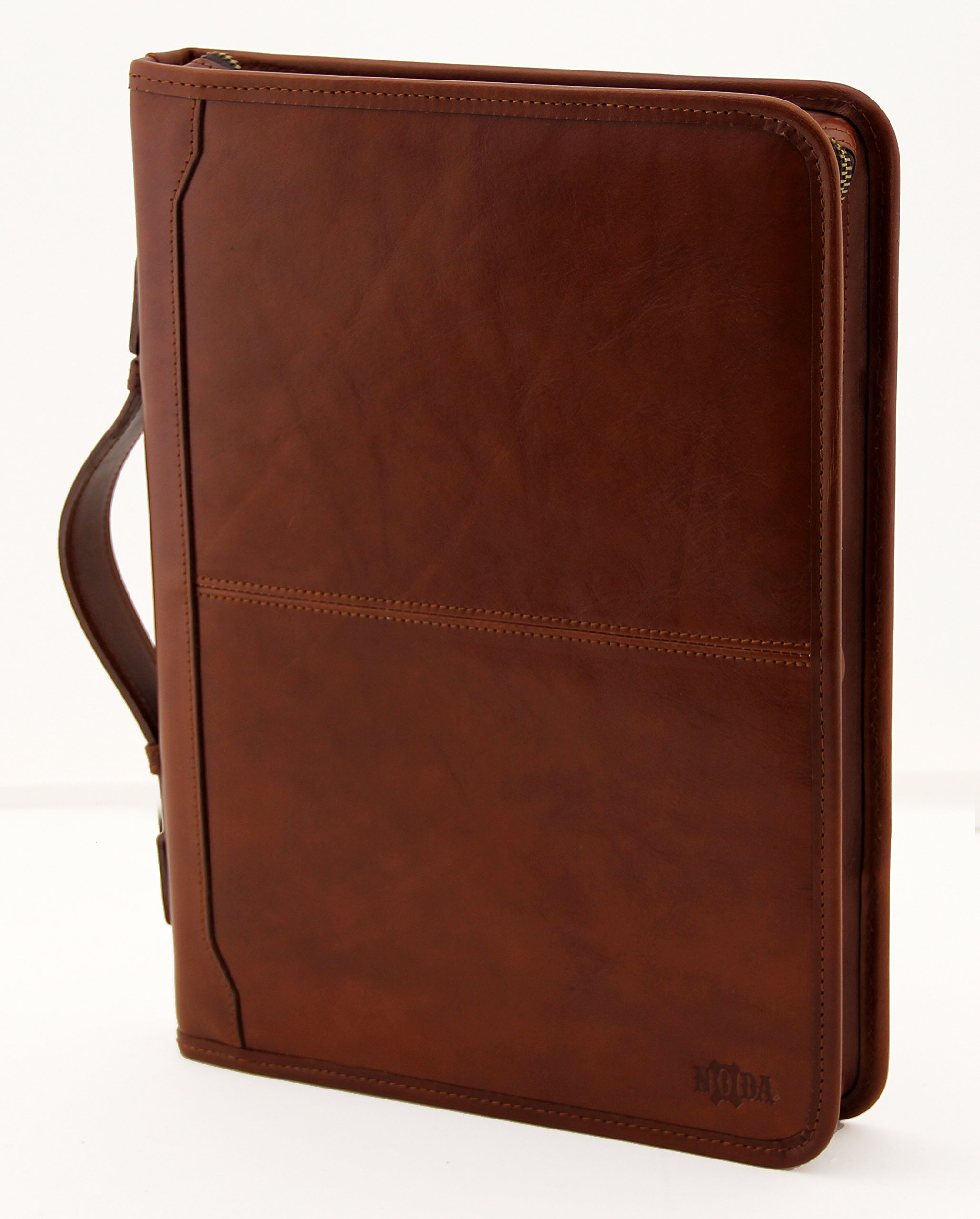 Portfolio aus italienischem Leder, A4-Ordner mit Reißverschluss, Padfolio 2-Ringbuch, Ledermappe mit Griff (Cognac)