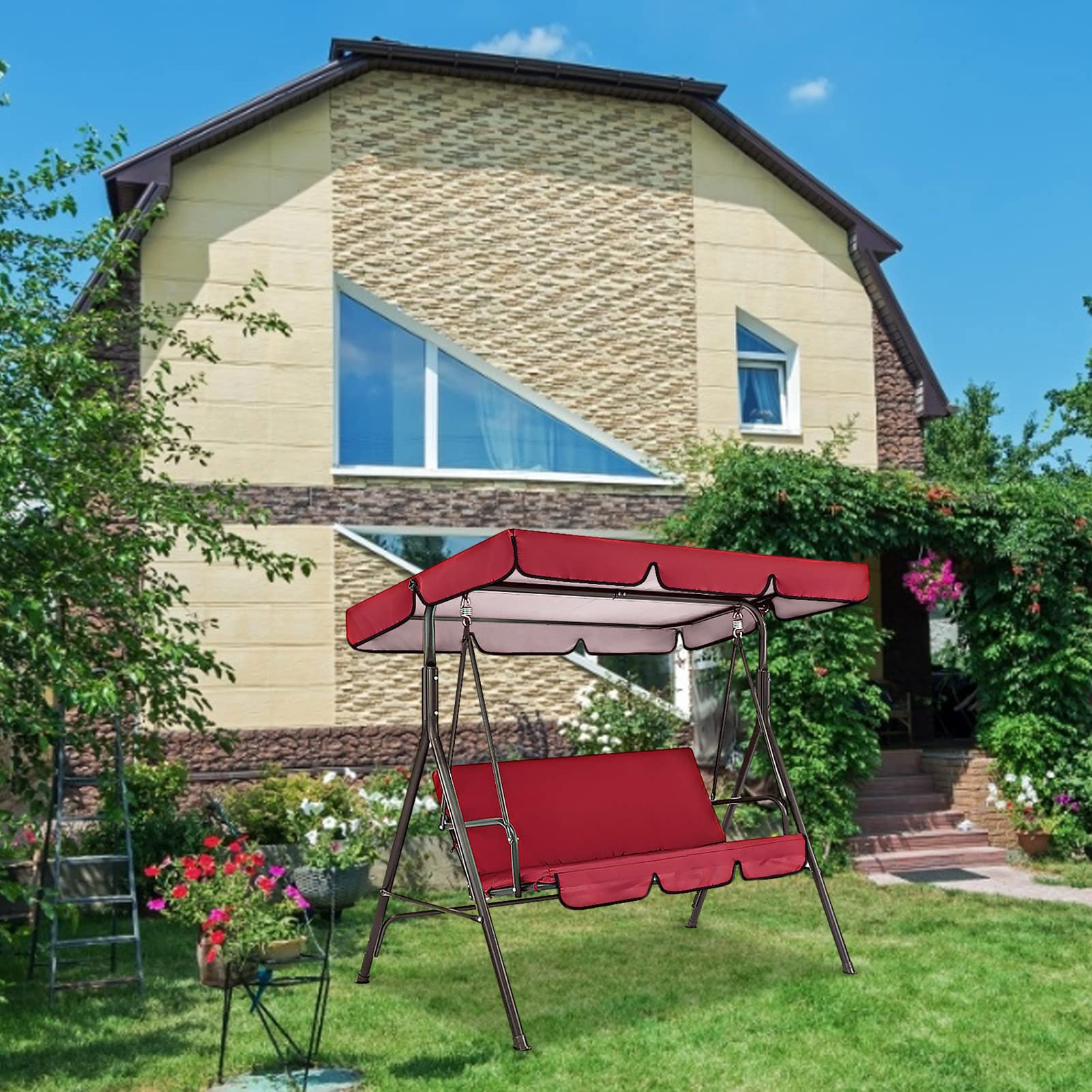 Set di cuscini per dondolo da giardino a 3 posti, baldacchino resistente alle intemperie per il relax del patio e del cortile, comodi cuscini di ricambio