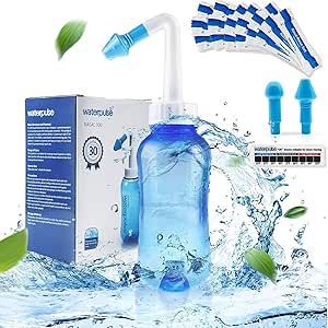 Waterpulse Neti Pot Sinus Rinsing,Nasal Wash Bottle Sinus Rinsing Bottle Cleaner Pressure Irrigation Neti-Pot with Sticker Thermometer for Adult &amp; Kid (300ml with 30 Nasal Wash Salt Packets,Blue)