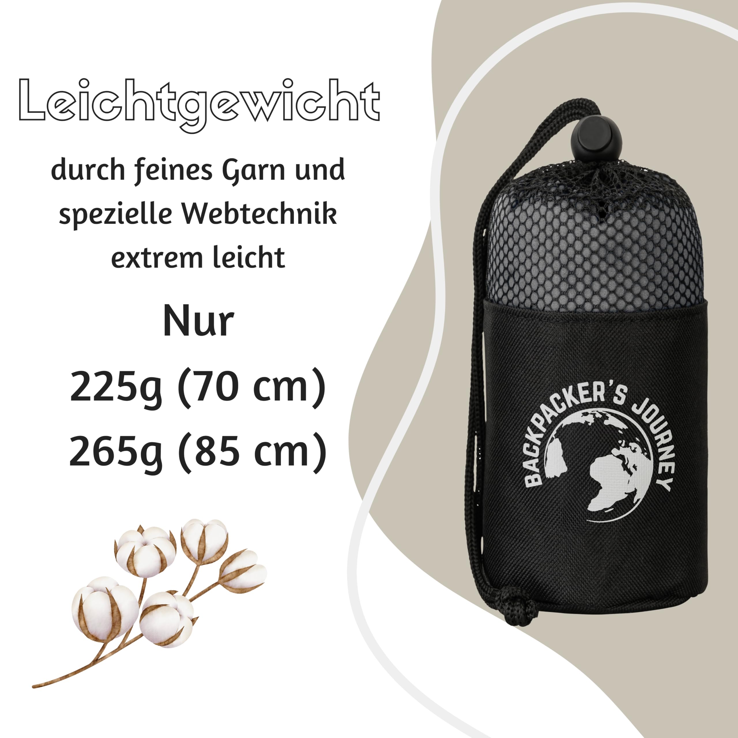 Backpacker's Journey Hüttenschlafsack Ultraleicht (nur 225g) aus 100% Baumwolle. Hygieneschlafsack ohne Reissverschluss (Keine Wärmeleistung)