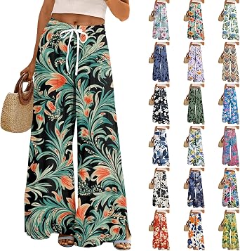 Boho Wide Leg Pants for Women Flowy Drawstring Floral Palazzo Pants Baggy Tropical Hawaiian Pull on Beach Pant