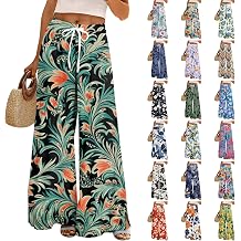 Boho Wide Leg Pants for Women Flowy Drawstring Floral Palazzo Pants Baggy Tropical Hawaiian Pull on Beach Pant
