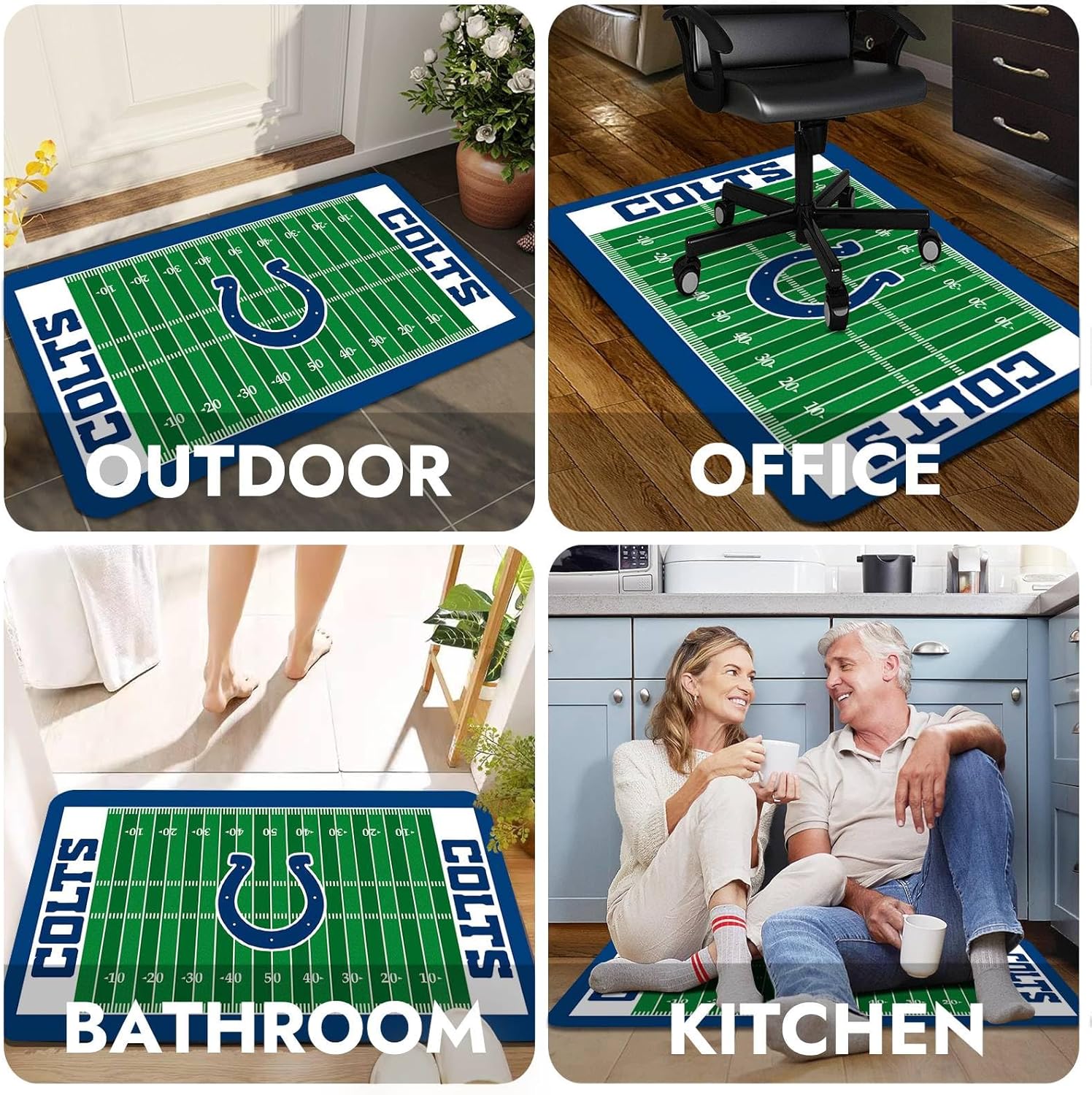 Football Field Design Entry Floor Mat,30" W x 18" H Non-Slip Rubber Door Mat for Football Sports Fans, White Blue Design Home Decor Area Rug