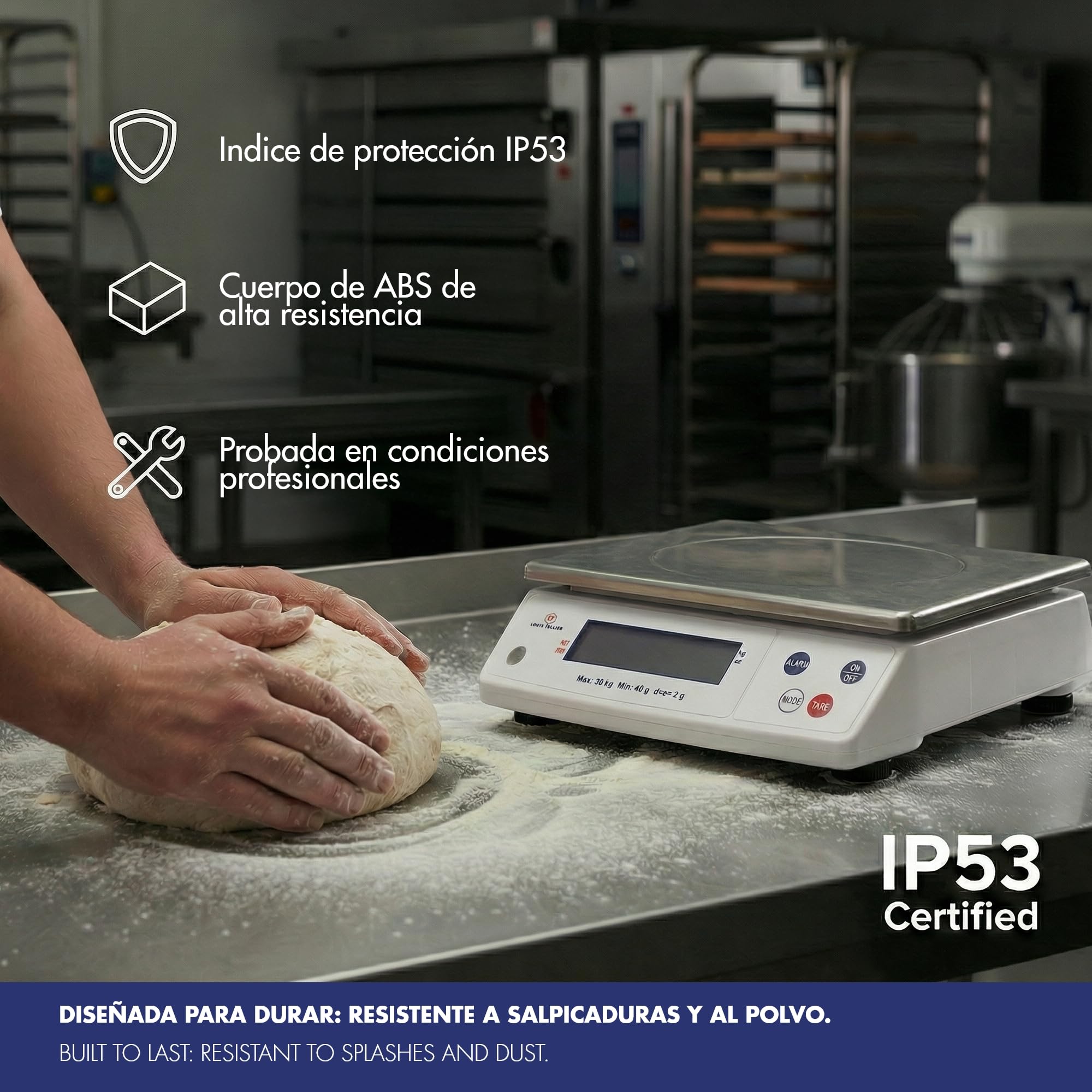 LOUIS TELLIER | Báscula electrónica profesional | 30 kg | IP53 | precisión 2 g | bandeja extraíble | cocina | panadería | 30 x 32 x 11,5 cm