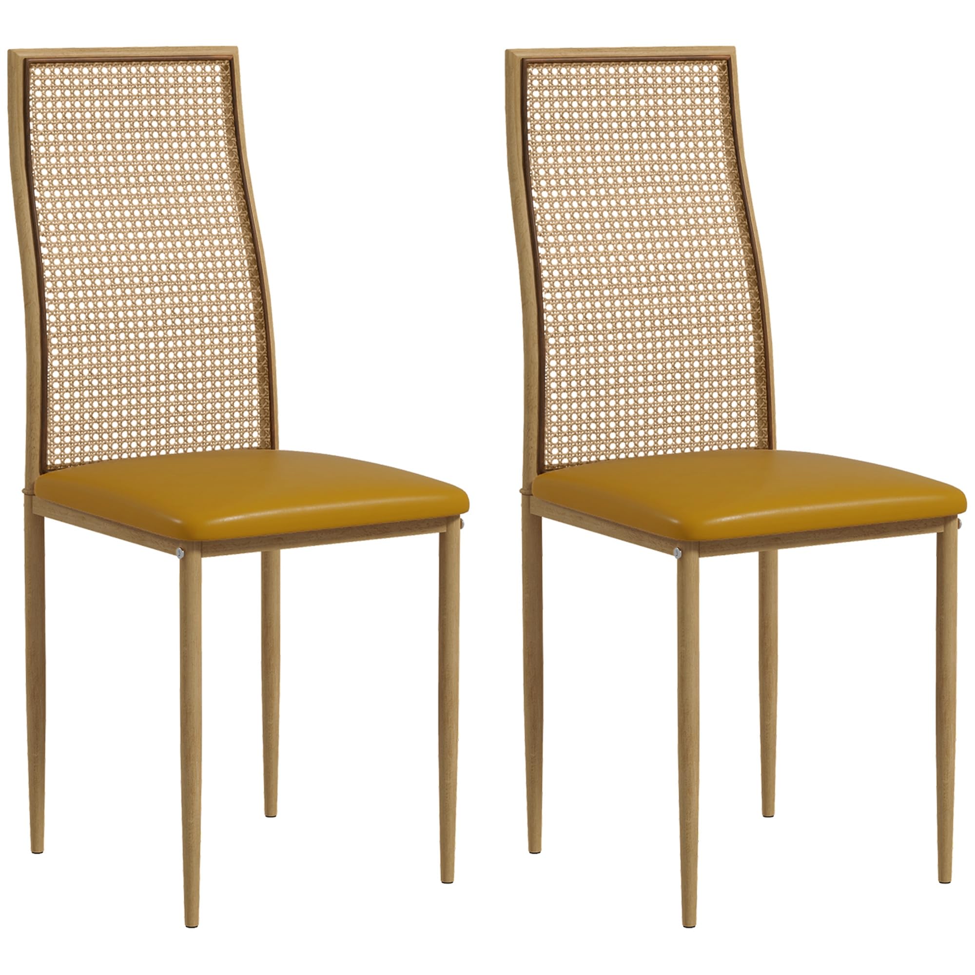 HOMCOM Pack de 2 Sillas de Comedor Sillas de Cocina Modernas con Respaldo de Ratán Sintético Asiento Tapizado de Cuero PU y Patas de Acero 40x50x97 cm Ocre