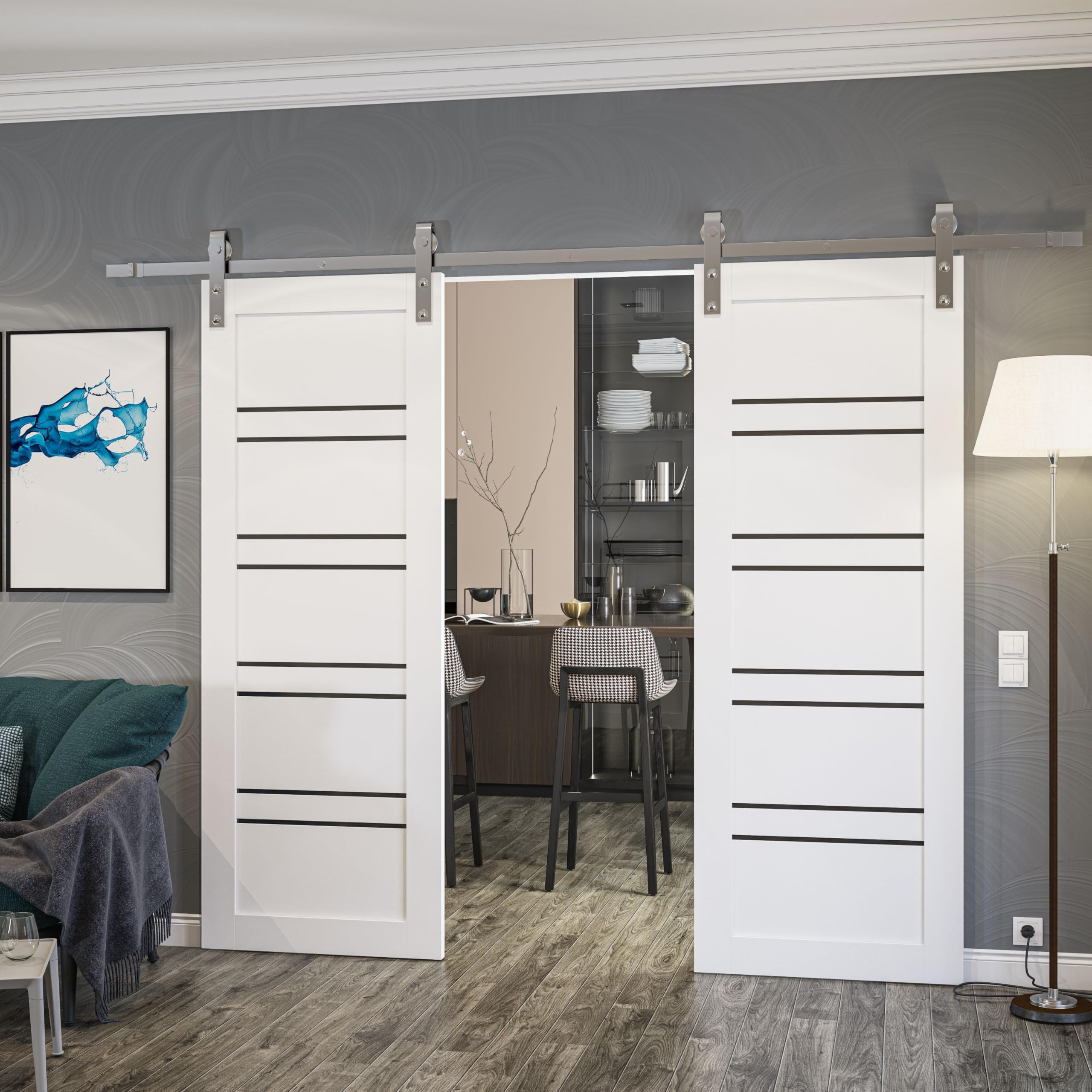 SARTODOORS Sliding Barn Door 36 x 84 inches | Base 1094 White Single Barn Door/Silver Rail | Opaque Glass MDF Modern | Bedroom Living Room