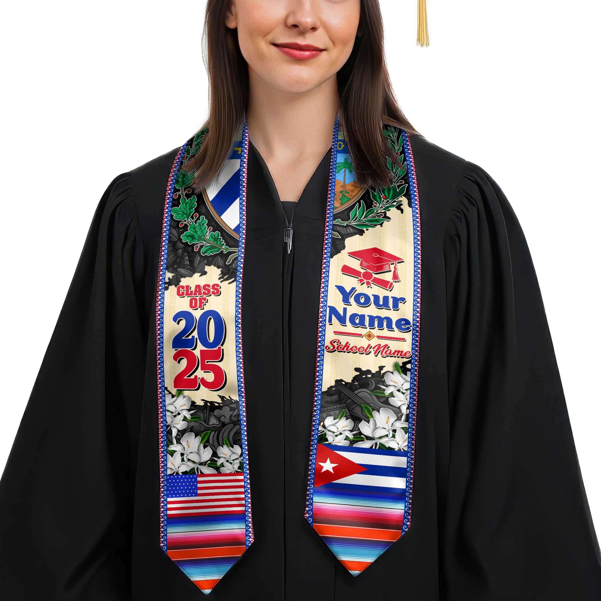 MonkeyVan Custom Cuba Graduation Sash 2025, Personalized Cuban American Flag Graduation Stole, Custom Cuba Graduation Stole S128
